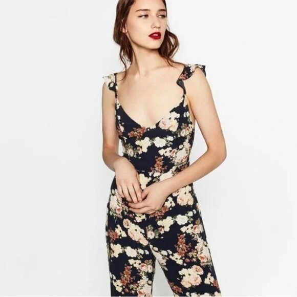 Zara Woman Floral Jumpsuit Ruffle Shoulder Tie Back Wide Leg Med NWT - Picture 3 of 9